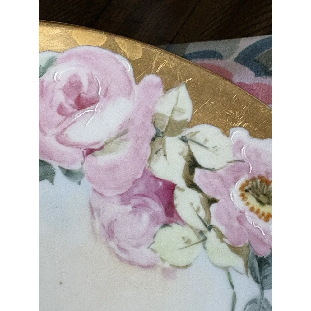 VTG MZ Austria Hand Painted Roses Porcelain Cake Plate Gold Handles Limoges Like